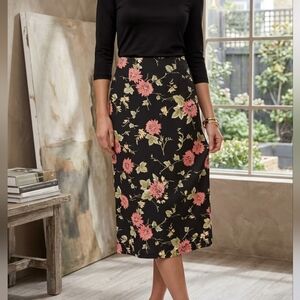 Vintage Carroll Reed Made In Canada Floral Fairy Festival Black Midi Skirt Sz M